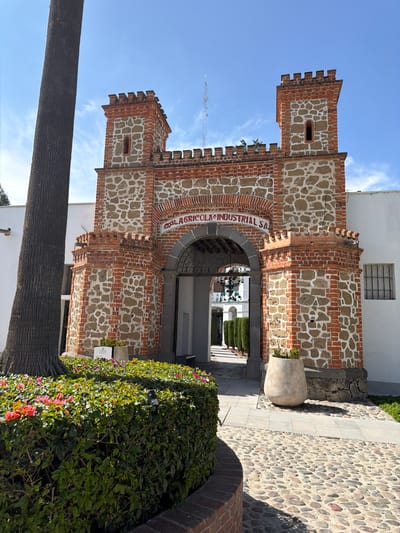 The image captures a distinctive architectural entrance or building, resembling a small castle, under a clear blue sky with wispy clouds. The structure is characterized by two square towers with crenellated tops, built from alternating courses of red bricks and irregular grey stones, bound by white mortar. A prominent arched gateway forms the central entrance, featuring an ornate dark metal gate.
Above the archway, a white banner-like element displays red text that reads "CASA AGRICOLA & INDUSTRIAL SA". Through the arch, a pathway leads into what appears to be an internal courtyard, lined with manicured green hedges.
To the left, a large, dark tree trunk rises vertically, partially obscuring the lower part of the building. In the foreground and to the right of the entrance, vibrant green hedges are dotted with pink and orange flowers. A large, light-colored ceramic pot sits near the building's base on the right. A textured stone-paved path extends to the right. In the upper right, a white wall with a window protected by a metal grate is visible. A metal antenna or mast can be seen in the distance against the sky on the left. The scene is illuminated by bright daylight, suggesting a sunny morning or late afternoon. No human activity is present. The building's style and the visible text suggest a historical or industrial complex in San Lucas el Grande, Mexico.