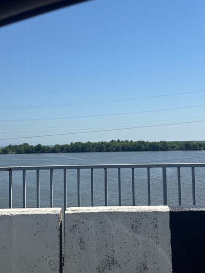 This is a photograph taken from a bridge over a body of water, likely the Rioni River, in Poti, Georgia. The perspective is from a low angle, looking out over the water. In the foreground, there is a concrete barrier, partially painted black on the right side. Behind the barrier is a metal railing. The middle ground features a wide expanse of water, reflecting the clear blue sky. Across the water, a dense line of green trees forms a natural horizon. Overhead, several power lines stretch across the sky. The overall scene is serene and natural, with the man-made elements of the bridge and power lines contrasting with the lush vegetation and water.