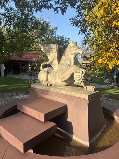 The image displays an outdoor scene in Tsinandali, Georgia, centered on a large, light-colored stone statue of a crowned griffin, serving as the primary element of a multi-tiered fountain. The griffin, featuring the head of an eagle, the body of a lion, and prominent wings, rests on a dark reddish-brown plinth with a molded base. A golden crown adorns the griffin's head, and its front right claw clutches a cluster of grapes. Below the plinth, a circular fountain basin, also dark reddish-brown, is partially visible, containing water with numerous coins scattered across its base. In the immediate foreground, two rectangular, reddish-brown steps are cantilevered over the fountain's water.

To the left of the griffin, a single-story building with a red-tiled roof and an open-air structure, possibly a dining area, is situated amidst green grass and stone paving. Tables and chairs are visible within and around this structure. To the right and behind the griffin, a wooden treehouse-like platform with a red and white striped cushion is discernible. The entire scene is set under a clear blue sky, surrounded by abundant foliage; trees with vibrant green leaves occupy the left and central background, while a tree with yellow and orange autumn leaves frames the right side of the image. The scene is illuminated by strong natural sunlight, casting distinct shadows. No people are present.