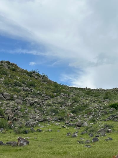 A medium, vertical shot shows a hill or mountain in the city of Tlik, Armenia. The hillside is covered in rocks, grass, and some small trees. The sky is mostly blue, with some clouds.