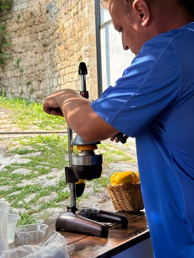 The image shows a person from the chest up, wearing a bright blue shirt, operating a manual citrus juicer. The juicer is metallic with black handles and has a slice of orange in it. The person's hand is gripping the handle of the juicer, and their face is angled downwards, focused on the task. The background consists of a stone wall, green grass, and a wooden surface. On the wooden surface, there's a small woven basket containing more citrus fruits, likely lemons. Several clear plastic cups are also visible on the right side of the image. The lighting suggests it is daytime, possibly outdoors given the stonework and greenery. The overall scene appears to be a casual, perhaps tourist-oriented, setting in Jajce, Bosnia and Herzegovina, where fresh juice is being prepared.