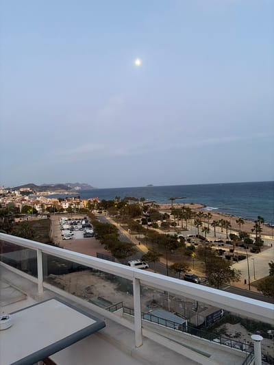 An elevated, wide-angle nocturnal scene depicts the coastal city of Villajoyosa/la Vila Joiosa, Spain, under a pale blue-grey sky. A bright, full or near-full moon is visible in the upper center of the sky.
In the immediate foreground, a white balcony railing with clear glass panels spans the width of the frame. A corner of a light-colored, rectangular table is partially visible on the lower left, featuring a white ashtray.
Below the balcony, the landscape transitions to the city's infrastructure. To the left, a residential area of Villajoyosa/la Vila Joiosa is visible, characterized by numerous multi-colored buildings with terracotta roofs ascending a hillside. Distant hills and structures, including what appear to be elevated roadways or bridges, extend along the coastline in the far background.
Directly below the residential area, an unpaved parking lot contains approximately 20 to 30 parked vehicles of various models and colors. A paved road, illuminated by streetlights, runs parallel to the coastline. A white van is observed traveling in the left lane, and a dark-colored car with illuminated headlights proceeds further down the road.
Between the road and the sea, a landscaped strip features numerous palm trees and other trees with sparse foliage, interspersed with streetlights and pedestrian pathways.
The Mediterranean Sea occupies the right half of the image, appearing dark blue with visible white-capped waves breaking near the shoreline. A small, dark, rocky islet is situated offshore in the upper right portion of the sea. The distant coastline recedes into the hazy horizon. No individuals are visible in the scene.