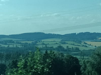 This is a landscape photograph taken from a high vantage point, possibly from a vehicle, looking out over rolling hills and forests. The foreground is dominated by a dense arrangement of trees, their foliage blurred by motion, creating streaks of green. Behind these trees, the landscape unfolds into a series of undulating hills covered in various shades of green, indicating fields and scattered woodlands. In the distance, a more pronounced hill or mountain range rises, its silhouette dark against the sky. Power lines stretch horizontally across the upper portion of the image, intersecting the serene natural scenery. The sky is a pale, hazy blue with a few wispy clouds, suggesting it is daytime, likely late morning or afternoon, under fair weather conditions. The overall impression is one of natural beauty and tranquility, with the human element present only through the power lines and the implied perspective of the viewer. There is no visible text in the image.