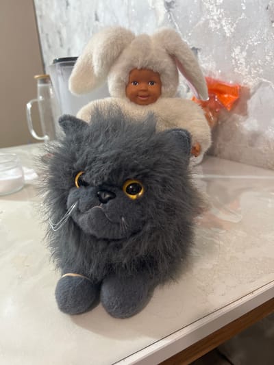 A plush gray cat with yellow eyes sits in the foreground, facing forward. Behind it, a baby doll wearing a white plush bunny suit with ears is visible. The doll is wearing a white outfit and has dark skin and brown eyes. Both toys are positioned on a white surface, possibly a table, which has a slightly textured and worn appearance. In the background, a clear glass pitcher or jug with a wooden lid is to the left, and an orange object is partially visible to the right. The overall environment appears to be indoors, with a blurred background that suggests a domestic setting. The image does not provide any specific details about the location in the city of Нестюково, Russia.