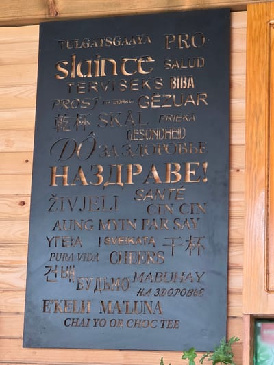 The image shows a dark metal plaque mounted on a wooden wall. The plaque is engraved with various phrases in different languages, all appearing to be variations of "cheers" or "to your health." The text is cut out, allowing the wooden background to show through. The plaque is positioned in what appears to be a public space, possibly a bar or restaurant, given the context of the engraved phrases. The lighting suggests it is daytime, and the overall impression is one of a welcoming and international establishment. No specific details about Indzhe Voyvoda, Bulgaria, can be discerned from the image itself.