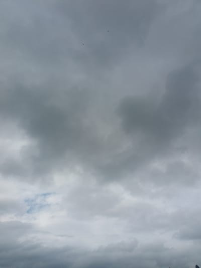The image shows a cloudy sky, likely in Бородулиха ауылдық округі, Kazakhstan. The sky is predominantly gray with varying shades suggesting dense cloud cover. A small patch of blue sky is visible in the lower right corner, indicating a potential break in the clouds. Two dark, unidentifiable objects (possibly birds or small aircraft) appear in the upper right and left midsections of the image. The photograph has a slightly rotated perspective.