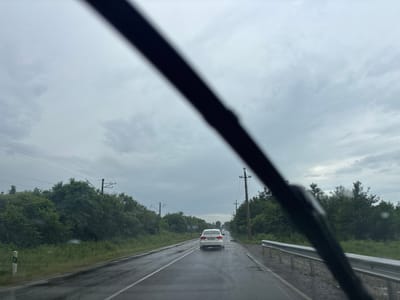 The image is taken from inside a vehicle, looking forward through the windshield. A dark windshield wiper blade is prominently visible in the foreground, obscuring a portion of the view. The scene depicts a wet, asphalt road extending into the distance. On either side of the road, there are lush green trees and vegetation. Overhead, a cloudy, gray sky dominates the upper half of the frame. Power lines and utility poles are visible along the roadside, suggesting a rural or semi-rural setting. In the middle distance, a white car is driving on the road. The overall atmosphere is overcast and appears to be during or after rainfall. This scene is consistent with a location in or near the Lesis Community (ლესის თემი) in Georgia, given the typical landscape and infrastructure.