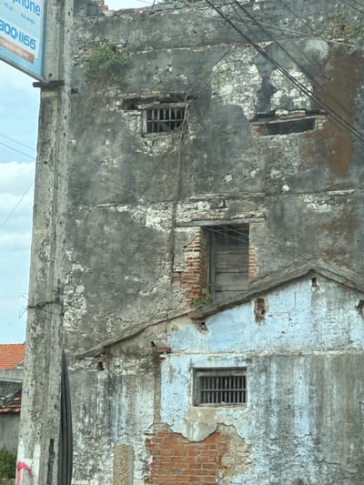 The image captures the weathered facade of a multi-story building in Dong Ninh Hoa, Vietnam, characterized by its decaying concrete and exposed brickwork. The structure appears abandoned or in a state of disrepair, with patches of missing plaster revealing the rough interior construction.
Several windows are visible. One on the upper level is barred with metal, and another smaller, rectangular opening below it is also framed by brick. Further down, a wooden door, seemingly aged and weathered, is set within a brick recess. Below this, a section of the building features a gabled roof covered in pale blue paint, also showing signs of deterioration. A third barred window is present on this lower section.
Vegetation, in the form of small plants and vines, is growing on and around the building, indicating a lack of maintenance. The surrounding environment is hinted at by overhead power lines and a portion of a nearby building with an orange tiled roof. A concrete utility pole stands prominently on the left side of the image, bearing signage in Vietnamese. The sky, visible in the upper left, is overcast. The overall impression is one of neglect and the passage of time impacting the urban landscape.