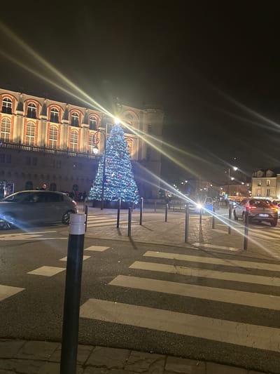 A Christmas tree stands illuminated with blue and white lights in front of a building with arched windows. A dark car is parked nearby. The scene is at night, with streetlights causing bright streaks. A zebra crossing is visible on the road. The composition is off-center, with a pole in the foreground. Buildings and traffic can be seen in the background. The overall atmosphere is festive.
