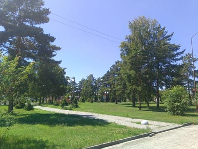 The image depicts a sun-drenched park area with lush green grass and a clear blue sky. A paved walkway, made of grey rectangular stones, meanders through the park. Several large trees, including pines and deciduous trees, are scattered throughout the scene. In the background, there are buildings that appear to be part of a town or residential area. There are also streetlights and benches visible. A few small, ornamental evergreen trees are planted along the walkway. The overall impression is one of a peaceful, well-maintained public space. There are no people or animals visible in the image. The image was taken in the city of Krasnyi Yar, Russia.