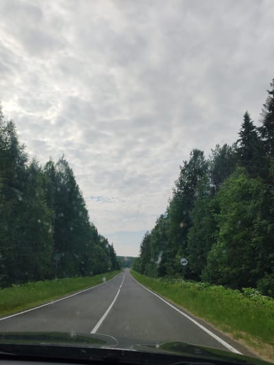 This is a first-person perspective, eye-level, medium shot of a paved, two-lane road in Chukhlem, Russia. The road curves gently to the left and recedes into the distance, where it disappears behind a slight hill. Dense, green deciduous trees line both sides of the road, with a grassy shoulder visible between the road and the trees. The sky is overcast with scattered clouds. On the right side of the road, there is a circular traffic sign depicting two cars, indicating a "no overtaking" zone. The image appears to have been taken from a vehicle, as indicated by the dashboard visible at the bottom of the frame.