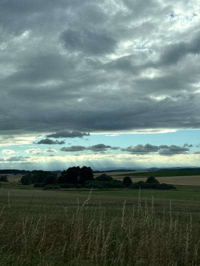 The image displays a landscape scene with a dramatic sky dominating the left side and a field on the right. The sky is filled with a mix of dark, heavy clouds and lighter, wispy ones, suggesting a dynamic weather system. Sunlight is breaking through in some areas, creating bright highlights against the darker clouds, hinting at either an approaching storm or the aftermath of one.
The right side of the image shows a field, transitioning from a dense, dark green area of trees and vegetation at the bottom to a lighter green field with hints of cultivated land further back. In the foreground on the right, tall, dry grass or reeds are visible, their fine stalks catching the light. The background reveals rolling hills and what appear to be agricultural fields, painted in muted tones of green and brown, stretching towards a hazy horizon. The overall impression is of a rural setting in Germany, specifically Oberwetz, under a moody sky.
The image appears to have been taken in the late afternoon or early evening, given the quality of light and the shadows. The scene evokes a sense of nature's power and beauty, with the interplay of light and shadow in the sky adding a dramatic flair to the tranquil landscape. No people or specific objects are clearly discernible, focusing the viewer's attention on the natural elements. There is no visible text in the image.