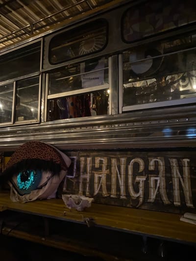 Captured at night in Baan Nai Suan, Thailand, the image shows the exterior of a decorative bus. The bus features multiple square windows, some reflecting interior elements. Its side displays vertically stacked lettering in white, reading "PHANGANISM." A decorative animal-print object and a white sculpted face are attached to the side of the bus. The environment appears dimly lit.