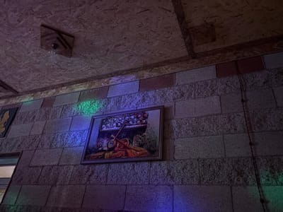 A dim interior shows a wall constructed of grey cinder blocks. A framed painting hangs on the wall, illuminated by blue light. A small, dark object with a golden detail is visible on the left. The ceiling is constructed of plywood panels. A minimalist light fixture adorns the upper left corner. The overall scene is dimly lit, creating a slightly moody atmosphere.