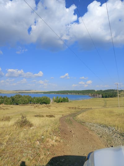 The image depicts a rural landscape, likely in the vicinity of the village of Savinka, Kazakhstan. In the foreground, the hood and windshield of a vehicle are visible, casting a shadow on the dusty dirt road that curves away into the distance. The road cuts through a dry, grassy field with scattered rocks and low-lying vegetation.

Beyond the field, a body of water, possibly a lake or river, stretches across the mid-ground. The water is calm and reflects the bright blue sky dotted with fluffy white clouds. Along the far bank of the water, a dense line of trees forms a dark green horizon, with scattered lighter birch trees interspersed.

In the background, rolling hills with sparse vegetation recede into the distance, meeting the horizon under the expansive sky. Power lines crisscross the upper portion of the image, supported by a distant utility pole on the right side. The overall impression is one of a vast, open, and somewhat arid natural environment. There are no people visible in the scene.