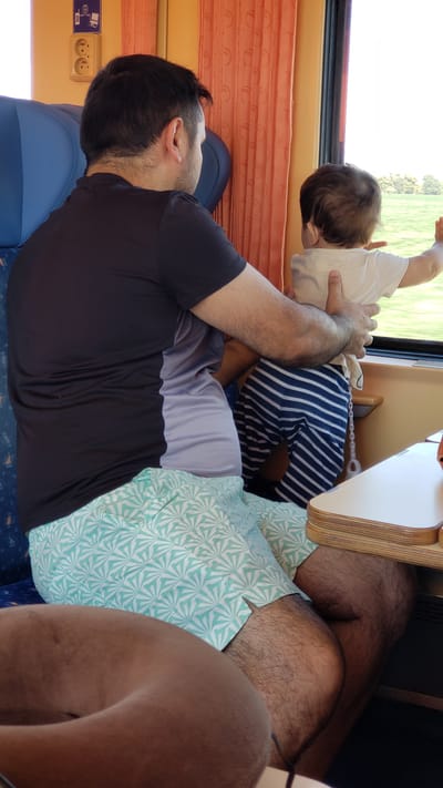 In the city of Cífer, Slovakia, a man and a child are seated on a train. The man, facing away from the camera, is wearing a black t-shirt and light blue patterned shorts. He is holding the child, who is also facing away, standing on his lap. The child is dressed in a white t-shirt and striped blue pants. They are both looking out the window at a blurred green landscape. The train interior features orange curtains and blue seats. A small table is visible to the right of the frame.