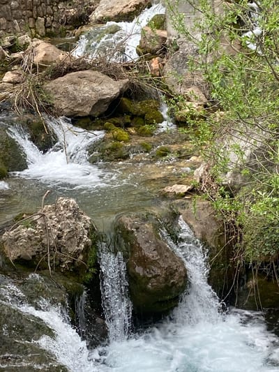 The image depicts a cascading stream flowing over rocks and stones. Green vegetation and moss grow on the rocks, adding to the natural ambiance. The location of the stream is Krapina, Montenegro. There are no people or obvious subjects in the frame, the water is the main subject. The primary interaction is the water flowing with force over the rocks.