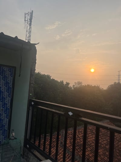 In Pasir Gadung, Indonesia, a scene unfolds at sunrise, with the sun a bright orb low in the hazy sky, casting a warm, golden light. The sky is partly cloudy, with wispy formations scattering the light. In the foreground, the edge of a light green building is visible, with its roofline and a partially visible wall. A metal railing with dark vertical bars runs along the top of this building, overlooking a densely forested area. Beyond the trees, power lines stretch across the landscape, supported by tall transmission towers, indicating the presence of infrastructure within or near the city. The roof of another building, covered in red terracotta tiles, is visible beneath the railing. To the left of the frame, a green birdcage sits on a ledge.
