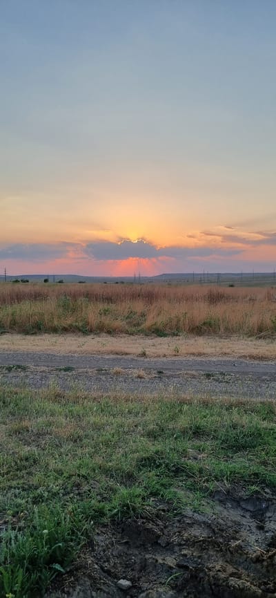 This is a landscape photograph taken in the Ленинское сельское поселение, Ukraine. The image depicts a rural scene at sunset.
The foreground is dominated by a strip of uneven, dark soil mixed with patches of green grass. To the left of this soil, there is a swath of dry, golden grass, indicating a change in vegetation or perhaps the effects of seasonal dryness. Further left, a gravel path or road runs parallel to the grass.
The background features a wide expanse of sky, transitioning from a pale blue at the top to warm hues of orange and pink near the horizon, indicative of a sunset. Wispy clouds are illuminated by the setting sun, creating a dramatic effect with rays of light peeking through. In the distance, a line of utility poles stretches across the landscape, suggesting the presence of infrastructure in this rural area. The overall atmosphere is tranquil and serene, capturing the beauty of a natural sunset in a countryside setting. There is no visible text in the image.