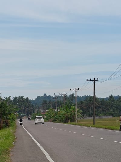 The image displays an outdoor scene in Cotentung, Indonesia, featuring a two-lane asphalt road under a light blue sky with scattered, diffused white clouds. The road has a continuous white line defining its left edge and dashed white lines marking the center or lane divisions further down.
In the foreground to mid-ground on the left side of the road, a single individual on a dark-colored scooter or small motorcycle is traveling away from the viewer. Ahead in the right lane, a white sedan is also moving away, with its rear visible. Multiple additional motorcycles are visible in the distance on the road, similarly traveling away.
The immediate left side of the road is bordered by dense green grass and large-leafed plants, identifiable as banana trees. Along the right side of the road, a series of dark wooden utility poles with multiple cross arms and electrical lines extends into the background. Beyond these poles, abundant tropical vegetation, primarily consisting of numerous palm trees and other green foliage, forms a dense forest canopy. On the far right, a section of a green paddy field is visible, partially separated from the roadside by a low grey concrete wall. In the distant background, a large, tree-covered hill is discernible beneath the horizon, with a faint plume of smoke or haze rising from its slopes.