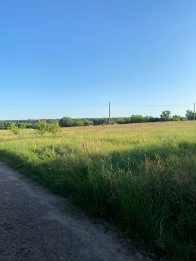 This media file shows a rural scene in Yablunivka, Ukraine. The image is oriented vertically, with the sky taking up the left half and a field of tall grass, trees, and a dirt road filling the right half. The sky is a clear, bright blue, suggesting it is daytime, likely a sunny day. The field is a mix of green and dry, yellowed grass, indicating it could be late summer or early autumn.

Several utility poles with power lines are visible in the distance, running horizontally across the field and sky. These poles are spaced out, suggesting a rural or semi-rural setting where electricity infrastructure is present. In the background, a line of trees forms a dark green border along the horizon, separating the field from the sky. The ground on the right side of the image appears to be a dirt or gravel road, with some patches of grass growing along its edge. The overall impression is one of a peaceful, natural landscape under a clear sky. There is no text visible in the image.