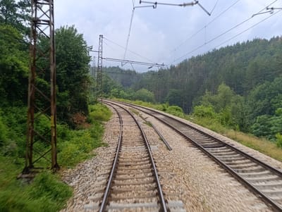 The image depicts a train track curving through a dense forest, likely in the vicinity of Baliovtsi, Bulgaria, a region known for its railway lines and natural scenery. The perspective is from a moving train, indicated by the motion blur on the tracks and surrounding vegetation. Two sets of parallel train tracks dominate the foreground, covered with gravel and supported by concrete sleepers. A tall, metallic pylon for overhead electrical lines stands to the left, its structure weathered and rusted. The tracks lead into a verdant landscape with lush green trees and foliage on either side, gradually ascending a hillside in the background. The sky is overcast, with a pale, diffused light. The scene captures a moment of travel through a natural, wooded environment, characteristic of the Bulgarian countryside traversed by rail.