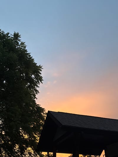 The image depicts a silhouetted tree on the left and a portion of a dark-colored roof of a building on the right. The sky transitions from a clear light blue at the top to a soft orange and pink hue near the horizon, suggesting either a sunrise or sunset. No people or specific landmarks of Asheville, North Carolina are identifiable in this particular frame. The scene is captured outdoors, likely in a residential or park area, given the presence of a tree and a building structure.