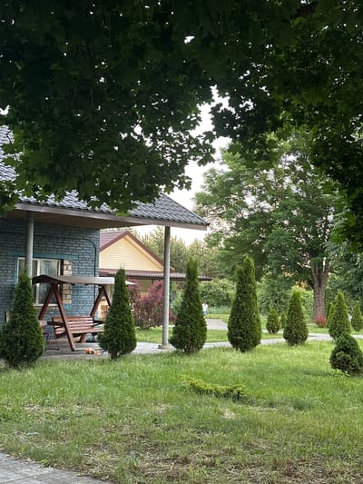 The image depicts a yard area in Завалочыцкі сельскі Савет, Belarus. In the foreground, a paved path is visible leading to a grassy lawn with several manicured evergreen trees in a conical shape. To the left, a light blue brick building with a gray shingled roof has a porch area with a wooden swing set. Further in the background, a house with a yellow siding and a brown roof is visible, as well as a large deciduous tree and more evergreen trees. A person is walking on a path in the distance. There is a small orange toy tractor on the ground near the swing set.
