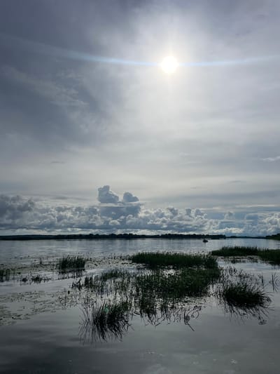 This is a landscape photograph taken at Makar'evo, Russia. The image captures a wide expanse of water, likely a lake or river, under a partly cloudy sky. The sun is visible as a bright, glaring orb in the upper center of the frame, casting a lens flare across the sky. The clouds are a mix of dark, heavy formations and lighter, scattered wisps. The water's surface is calm, reflecting the sky and the distant treeline. In the foreground, patches of reeds and water lilies emerge from the water, casting dark reflections. On the horizon, a dense line of trees marks the edge of the land. A small boat can be seen in the middle distance on the water. The overall mood is serene and natural.