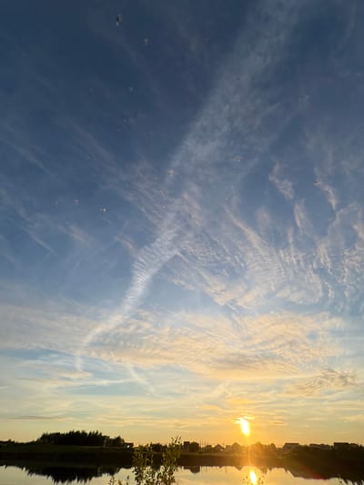 The image captures a sunset over the village of Sapunov Bor, Russia. The sky is a canvas of blue and golden hues, with wispy clouds stretched across, tinged with the warm glow of the setting sun. The sun itself is a bright orb low on the horizon, casting a shimmering reflection on the calm water in the foreground. Along the water's edge, a line of dark trees creates a silhouetted backdrop, interspersed with the roofs of houses in the distance. The water is still, mirroring the sky and the treeline, creating a sense of peace and tranquility. There are no people or specific actions depicted, just a serene natural landscape at dusk.