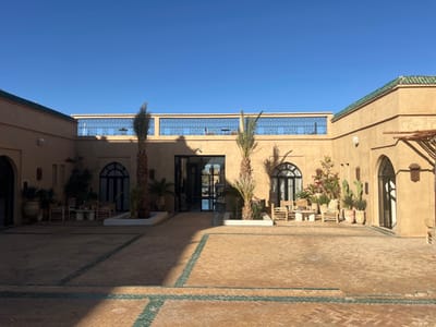 An unoccupied, rectangular open-air courtyard of a building in Rissani, Morocco, is presented under a clear blue sky. The surrounding two-story structures feature light tan stucco walls, multiple arched doorways and windows with dark frames, and flat rooftops edged with green mosaic tiles. An upper-level balcony, equipped with ornate black wrought-iron railings, spans across the rear section of the courtyard. The courtyard floor is paved with light brown bricks, incorporating dark green geometric tile patterns. Two slender palm trees are centrally planted in distinct white rectangular planters. Direct sunlight originates from the left, casting sharp shadows across the courtyard pavement and portions of the walls. Several distinct seating arrangements are present, each consisting of a small wooden table and chairs, positioned along the perimeter walls. Various potted plants, including cacti, succulents, and flowering plants, are clustered near these seating areas. Glass double doors provide access to interior spaces. A wooden pergola structure is attached to the upper right wall section. No individuals are present.