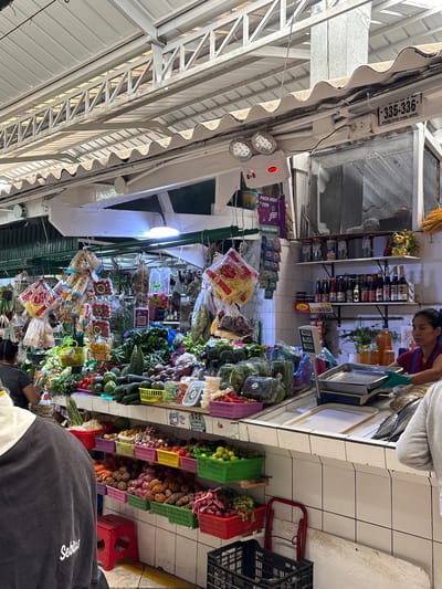 This image captures a vibrant indoor market scene, likely a produce stall within the Mercado San Jose in Jesús María, Peru. The setting features rows of fresh vegetables and fruits neatly displayed in colorful plastic crates and baskets on shelves. A variety of produce is visible, including leafy greens, gourds, cucumbers, limes, radishes, and potatoes.

At the center-right of the frame, a vendor, possibly a woman, is seen from the chest up, wearing a red top and green gloves, attending to items behind a counter that holds a weighing scale. Behind her, shelves are stocked with bottles, likely sauces or condiments, and other packaged goods.

The market has a utilitarian aesthetic with white tiled walls, concrete flooring, and an exposed ceiling structure of corrugated metal and white trusses. Overhead, bright lights illuminate the stall. In the foreground, the back of a person wearing a dark shirt with "Sebitas" written on it is visible, indicating the presence of customers.

Notable visible text includes "MERCADO SAN JOSE," confirming the location, and stall numbers "-335-336-". A sign promotes mobile payments with "PAGA AQUÍ CON yape" and "AHORA TODOS PUEDEN YAPEAR" (Pay here with Yape / Now everyone can Yape), indicating modern transaction methods are accepted. Other text like "PUESTO" (Stall) and "Gusta" (a brand name) are also present. The scene conveys the busy and functional atmosphere of a local market.