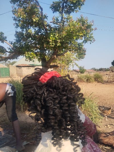A girl with dark curly hair stands in a rural setting. A red headband adorns her head. To her left, a man in dark shorts is partially visible. Behind the girl, a large tree with green leaves dominates the scene. Buildings with light-colored brick walls and a roof are visible in the background. Tall grasses and a chicken add to the natural environment. The ground appears to be dry, sandy, and open. The sky is clear and blue.