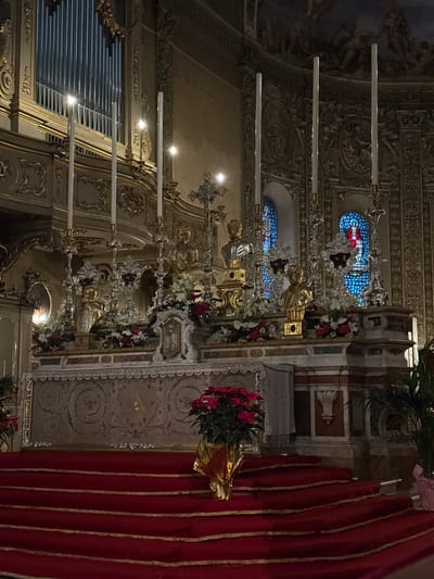 This image depicts the main altar area of the Basilica Cattedrale di San Giorgio Martire in Ferrara, Italy.
The foreground features a wide, multi-tiered red carpeted staircase with gold trim, ascending towards the altar. On the lowest visible step, a potted Poinsettia plant with red bracts is positioned, enclosed in gold foil wrapping. To the far right, partial foliage of another green potted plant is visible.
The midground is dominated by the elaborate main altar. The altar front is draped with a light-colored, possibly beige, embroidered cloth featuring scrolling patterns and a central, stylized motif. The altar structure itself is constructed from polished stone, exhibiting reddish-brown and lighter veining. Above this, the altar surface holds a rich display of religious objects and floral arrangements. This includes multiple tall, white candles in ornate gold and silver candelabra, several of which are lit. Interspersed are busts of figures, some entirely gold-toned, others silver with gold accents. The altar is extensively decorated with white and red floral arrangements, along with green foliage. A small, framed devotional image or reliquary is centrally positioned on the altar table.
The background reveals the grandeur of the church interior. To the upper left, a large pipe organ with metallic vertical pipes is visible, framed by ornate gold and light-toned stucco work. Above the altar, the wall is adorned with intricate Baroque-style relief carvings and architectural details in gold and light shades. Two arched stained-glass windows, emitting blue and red light, are set into the wall. Higher up, a fresco or painting depicting numerous figures can be seen on the curved upper wall or ceiling.
No individuals are present in the scene. The lighting is subdued, with illumination primarily from the burning candles and the light transmitted through the stained-glass windows.