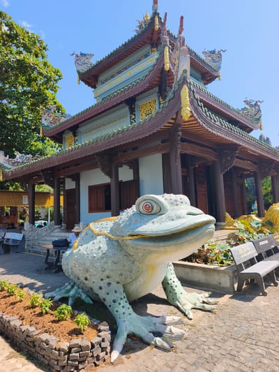 A large, light blue-green, textured frog statue with red-centered eyes is positioned in the foreground on a cobblestone pathway, facing towards the right of the frame. The frog is adorned with a bright yellow rope-like decoration around its neck. Behind the frog, a traditional Vietnamese temple or pagoda with multi-tiered, ornate roofing in shades of brown, green, and blue is visible. Intricate dragon sculptures are placed along the eaves of the temple's roof. The temple's walls are painted a pale blue, with dark wooden doors and windows. A person wearing a white hat and shirt is seated at a wooden table near the temple steps, with a black bag placed on the table. To the left of the frog, a small garden bed with young green plants, bordered by dark stones, is present. In the background, lush green trees provide shade, and several grey concrete benches are situated near a pond with lotus pads. The scene is bathed in bright sunlight under a clear blue sky, suggesting a warm, outdoor environment. The location is the Tinh Xa Ngoc My pagoda in Tuy An Nam, Vietnam.