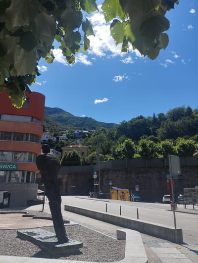 This bright, sunlit image captures a street scene in Bellinzona, Switzerland, set against a backdrop of lush green mountains. The time of day appears to be late morning or early afternoon, characterized by a clear blue sky dotted with scattered white clouds and strong, distinct shadows.
In the foreground, large green leaves from an overhead tree partially frame the top of the image. Below, a dark, abstract, figure-like statue stands on a gravel-covered base, facing away from the viewer towards the street and mountains. To the left, a modern, multi-story building with a distinctive curved, reddish-orange facade features horizontal window bands. A green sign on its lower level prominently displays "SWICA".
The midground is dominated by a two-lane asphalt road with concrete median barriers and pedestrian walkways. Various road signs are visible, including blue "P" parking signs, a green traffic light with a directional arrow, and other information signs. A yellow kiosk-like structure and several parked cars, including a white, blue, and black vehicle, are alongside the road. A bicycle is leaning against the yellow structure. A dark stone retaining wall borders the far side of the road, supporting a elevated area planted with rows of trimmed trees.
In the background, densely wooded mountains rise steeply, covered in verdant trees. Scattered across the hillsides are numerous buildings, including houses and what appears to be a distinctive yellow bell tower, indicating a church or similar structure amidst the residential areas. The overall scene is peaceful, showcasing an urban environment seamlessly integrated with its natural mountainous surroundings. No explicit human activity is taking place.