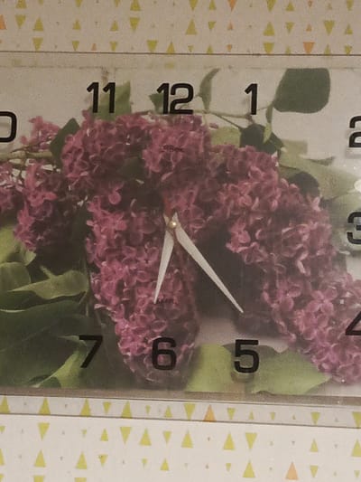 This is a close-up, horizontal medium shot of a wall clock featuring a floral design. The clock face is predominantly white with black Arabic numerals indicating the hours. The numbers 11, 12, 1, 2, 3, 4, 5, 6, and 7 are clearly visible. The hands of the clock are a light color, with the hour hand pointing close to the 1 and the minute hand pointing between the 11 and 12.
The background of the clock face is a photograph of a cluster of purple lilac blossoms with green leaves. The blossoms appear soft and slightly blurred, giving the image a gentle, dreamy quality. The texture of the petals and leaves is detailed, suggesting a close-up view of the flowers.
Below the clock face, the image transitions to a decorative border with a repeating pattern of small, light yellow and orange triangles against a white background. This pattern is also visible as a band at the very top of the image.
The overall impression is one of a decorative timepiece, likely intended for indoor display. There are no people or animals visible. The lighting appears to be artificial, likely from an indoor setting. The setting is not explicitly shown, but the wallpaper pattern suggests a domestic or personal space. No specific time of day or weather conditions can be determined. The image is slightly grainy, which might indicate a lower resolution or the age of the photograph. No text other than the clock numerals is present.