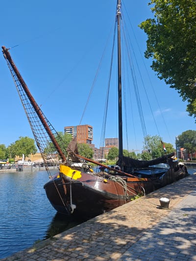 A large, dark brown, single-masted sailing vessel with a prominent yellow bow is docked at the Spoorzone in Tilburg, Netherlands. The ship is tied to a paved stone embankment with a white bollard and several ropes. The water beside the ship is blue and calm. Tall, green trees line the embankment, casting dappled shadows on the ground. In the background, modern buildings with orange and grey facades rise above the trees, indicating an urban setting. The sky is a clear, bright blue. There are no people visible in the immediate vicinity of the ship.