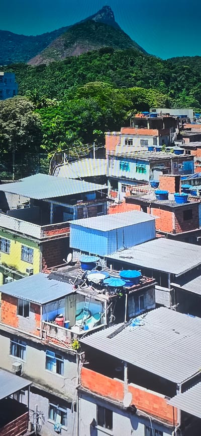 This image depicts a densely populated urban area, likely a favela, with numerous buildings constructed close together, many with corrugated metal roofs. The architecture is varied, with some structures appearing more permanent and others more makeshift. Many rooftops are adorned with blue water tanks. In the background, a lush green mountainside rises, topped by a rocky peak with a faint statue or monument visible. The overall impression is one of a vibrant, if crowded, community nestled against a dramatic natural landscape. The city of Lippstadt, Germany, is not represented in this image.