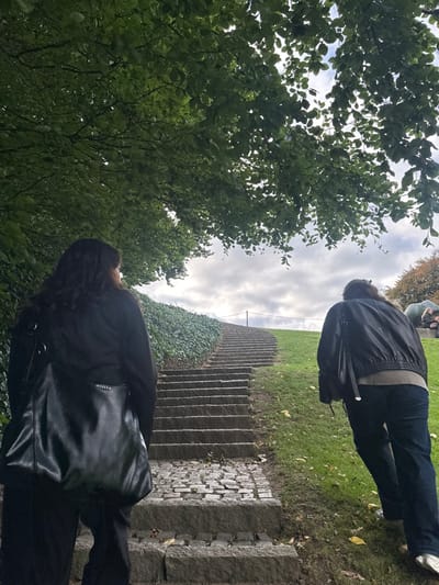 The image depicts two individuals ascending a stone staircase within the grounds of the Louisiana Museum of Modern Art in Humlebæk, Denmark. The staircase is constructed from large, rough-hewn grey stone steps, with some lower treads incorporating cobblestone-like paving.
An individual on the left, with dark, wavy hair, is seen from behind, wearing a black long-sleeved top and dark pants, carrying a large black shoulder bag on their left side. To the right and slightly ahead, a second individual, also observed from behind, wears a dark, possibly leather, jacket over a lighter-colored top, dark blue jeans, and white-soled shoes.
The left side of the staircase is bordered by a densely covered embankment of green ivy or similar climbing plants. The right side features a grassy slope with scattered yellowish leaves. Overhead, a canopy of green deciduous tree leaves partially obscures an overcast sky filled with grey and white clouds. In the upper right background, a large, rounded, greenish-grey outdoor sculpture is visible on the grass, with another human figure partially discernible nearby. Thin, dark vertical posts indicate a railing system at the upper visible section of the staircase.