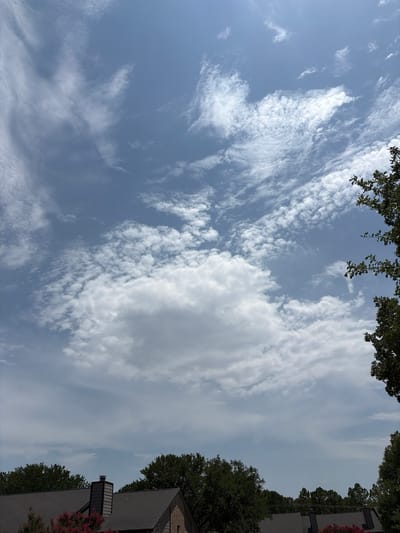 The image shows a sky with scattered clouds above a residential area in Grapevine, United States of America. The sky is a pale blue with a mix of wispy cirrus clouds and more substantial cumulus clouds, some of which appear puffy and white, while others are gray and appear to be developing. The sun is shining, creating bright areas in the sky. Below the sky, rooftops of houses are visible, some with chimneys. Trees with dark green foliage frame the scene on the sides and in the background. In the foreground, a portion of a house with a dark roof and a brick chimney is visible, along with pink flowers from a tree. The overall impression is of a bright, partly cloudy day in a suburban setting.