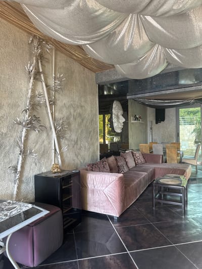 The image depicts an interior scene in Brca, Montenegro, characterized by a lavish and somewhat eclectic design. In the foreground, a large, plush sectional sofa in a dusty rose velvet is arranged on a dark, glossy tiled floor. The sofa is adorned with patterned throw pillows in shades of brown and rose. To the left of the sofa, a small, dark wooden end table with a glass top sits. Further left, a dark, modern mini-fridge with a glass door is positioned next to a textured, grey wall. Mounted on this wall is a tall, decorative silver bamboo-like sculpture. Above the sofa and wall, the ceiling is draped with shimmering gold and silver metallic fabric, creating a dramatic, undulating effect.
In the background, a glass-topped dining table with several chairs, upholstered in a muted gold and grey fabric, is visible. Beyond the dining area, a large window or glass door opens to an outdoor scene with greenery and a hint of architectural structures. A striking, large silver face sculpture is mounted on a reflective wall in the mid-ground, adding an artistic and somewhat surreal element to the space. The overall ambiance is one of opulent, modern design with a touch of theatrical flair. There are no people visible in the image.
