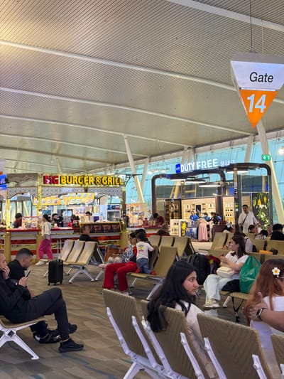 This image depicts a bustling scene within an airport terminal, likely the departure or transit area of Phuket International Airport. The setting features a high, vaulted ceiling with light-colored, patterned panels, illuminated by bright overhead lighting.
Numerous people are present, primarily seated in various waiting areas or navigating the concourse. In the foreground, a man in dark clothing is seated, engross engrossed in his mobile phone. Nearby, a woman with long dark hair looks towards the camera, while another woman with reddish-brown hair and a white flower adornment in her hair is seated further back. Various other passengers, including families with children, are spread across the seating areas, some engaging in conversation, others using their phones, or simply resting. A child wearing red pants is visible in one section.
The activity centers around passengers waiting for flights, browsing shops, or dining. Several commercial establishments line the concourse. A prominent yellow sign advertises "BIG BURGER & GRILL," indicating a food stall. Further along the concourse, a bright blue sign clearly marks a "DUTY FREE" shop. Hanging from the ceiling, a white and orange triangular sign indicates "Gate 14."
The scene is well-lit, suggesting either daytime or brightly lit indoor conditions. The overall atmosphere appears calm and orderly, typical of a busy airport environment. Luggage, including a black carry-on suitcase, is seen near some of the seating areas. The architectural design points to a modern facility.