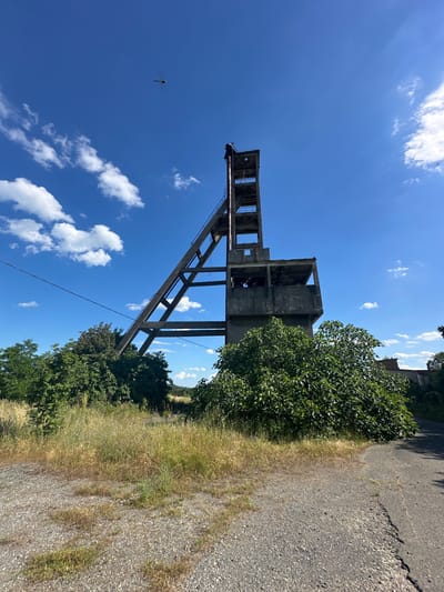 The image depicts an abandoned industrial structure, possibly a former mine headframe, against a bright blue sky with scattered white clouds. The structure is made of concrete and steel, with visible scaffolding and open sections. Green foliage, including trees and tall grass, surrounds the base of the structure, partially obscuring it. A gravel path or road is visible in the foreground, leading towards the right side of the frame. A dragonfly is visible in flight in the upper portion of the sky. The overall impression is one of decay and nature reclaiming an industrial site. The image was captured in Rosen, Bulgaria.