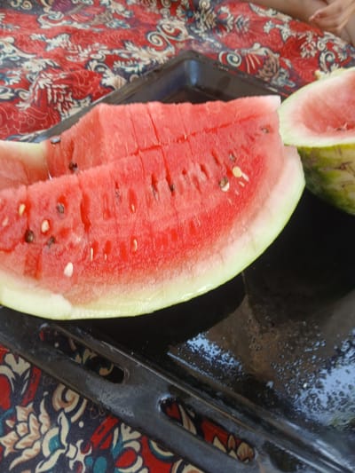 In Kotormo, Kyrgyzstan, two slices of watermelon are displayed on a black baking tray. The watermelon flesh is a vibrant red, interspersed with dark seeds and some lighter, possibly immature seeds. The rind is light green. The baking tray has a textured surface and is wet in places, with small bubbles visible. Beneath the tray, a patterned fabric with red, cream, and dark blue motifs is partially visible. A person's hand and arm are also visible in the upper right corner of the image, suggesting they are present at the scene. The overall setting appears to be outdoors, possibly during a meal or a picnic.