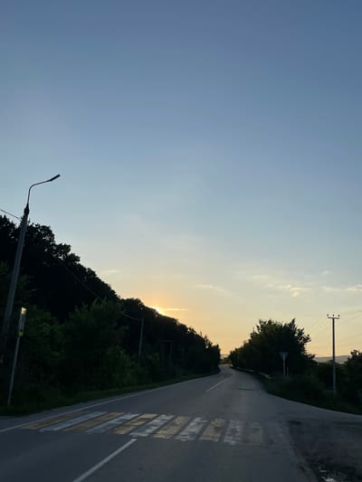 This media file depicts a rural road in Солнечная Поляна, Russia, during the late afternoon or early evening. The sun is low on the horizon, casting a warm glow and creating long shadows. The sky is a clear blue with a few wispy clouds near the horizon, suggesting fair weather.
The scene is dominated by a paved road that curves gently to the right, lined by dense, dark green trees. On the right side of the road, there are pedestrian crossing markings, indicated by yellow and white stripes. A utility pole with wires is visible in the upper right portion of the frame, and another pole with a street lamp is positioned on the left side of the road.
The overall mood is serene and tranquil, evoking a sense of peace and the end of a day. The image appears to be a landscape photograph, capturing the natural beauty of the surroundings. There is no visible text in the image.