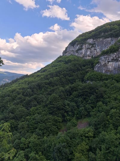 The image depicts a mountain landscape in Zasele, Bulgaria. A rock cliff rises sharply, partially covered in dense green forest. The forest extends down the mountainside. Above the cliff and trees, a blue sky is visible with scattered white clouds. In the lower part of the forest, a rocky area is visible.