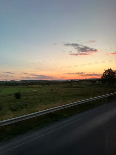 The image captures a pastoral landscape at dusk, likely near Chyzhykiv, Ukraine. The sky transitions from a pale blue at the top to a vibrant orange and pink sunset near the horizon, with scattered clouds adding texture. A dark silhouette of trees and rolling hills forms the backdrop. In the foreground, a lush green field stretches out, dotted with smaller trees and bushes. A silver guardrail runs along the bottom right of the frame, separating the field from a dark asphalt road, suggesting the vantage point is from a moving vehicle. Power lines are visible stretching across the sky. No people or specific buildings are discernible.