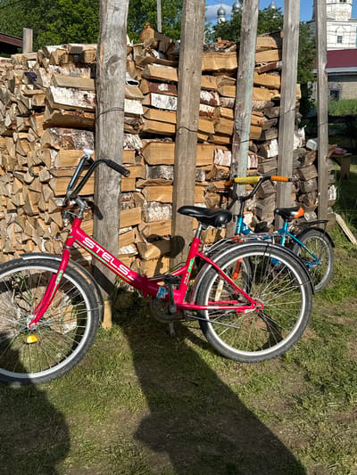 The image, when viewed in its correct upright orientation, captures a scene in a rural or semi-rural setting. Two bicycles are parked side-by-side on green grass next to a large, neatly stacked pile of firewood.
In the foreground, a red bicycle is prominent, featuring a black seat, chrome handlebars, and a white front mudguard. The brand name "STELS" is clearly visible in white letters with green outlines and stripes on its frame. A yellow reflector is attached to the spokes of its front wheel. Behind it, a blue bicycle is partially visible, distinguished by an orange seat and the brand name "NOVATRACK" on its handlebar stem. Both bicycles appear to be suitable for children or small adults.
To the left of the bicycles, a substantial woodpile is stacked high, predominantly composed of split logs, many displaying the characteristic white and black bark of birch trees. The woodpile is situated behind a rustic fence made of rough, horizontal wooden timbers.
The ground consists of green grass interspersed with patches of bare earth. Strong, dark shadows fall across the grass, indicating bright, direct sunlight, suggesting it is midday or early afternoon. In the distant background, partially obscured by trees and the woodpile, are glimpses of buildings, one featuring a white, ornate architectural element that resembles a dome or cupola, visible against a clear blue sky. No people are present in the image.