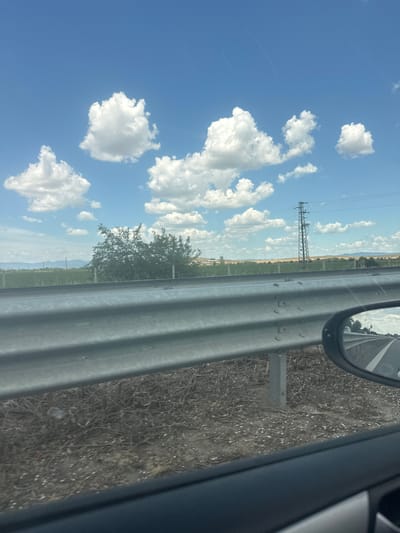 The image depicts a view from inside a vehicle, likely in motion, looking out towards a roadside landscape under a bright blue sky dotted with white, fluffy clouds. In the foreground, a section of a metallic guardrail is prominently visible, running horizontally across the frame. Beyond the guardrail, dry, brush-like vegetation covers the ground. Further back, a flat, cultivated field stretches towards a line of trees and rolling hills in the distance. A tall, metal power pylon with wires is positioned in the middle ground to the right of the frame. The reflection in the car's side mirror on the right shows a road and other vehicles, indicating travel. The image does not contain any information that could pinpoint its location to Skutare, Bulgaria.